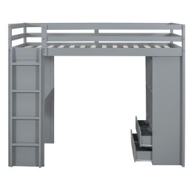 Full Size Loft Bed With Large Shelves, Writing Desk And LED Light