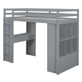 Full Size Loft Bed With Large Shelves, Writing Desk And LED Light