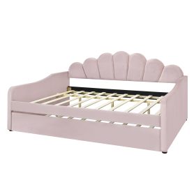 Full Size Upholstery Daybed Frame with Shall Shaped Backrest and Trundle