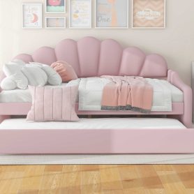 Full Size Upholstery Daybed Frame with Shall Shaped Backrest and Trundle