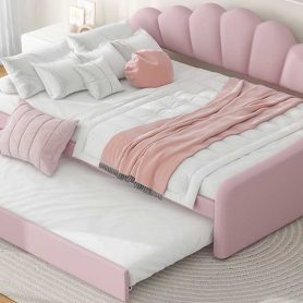 Full Size Upholstery Daybed Frame with Shall Shaped Backrest and Trundle