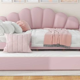 Full Size Upholstery Daybed Frame with Shall Shaped Backrest and Trundle