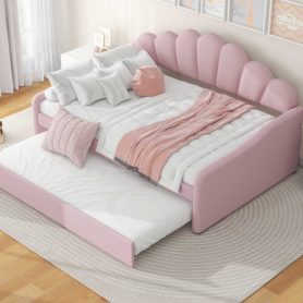 Full Size Upholstery Daybed Frame with Shall Shaped Backrest and Trundle