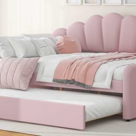 Full Size Upholstery Daybed Frame with Shall Shaped Backrest and Trundle