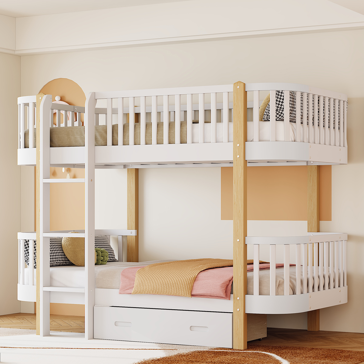 Wood Twin over Twin Bunk Bed with Fence Guardrail and a Big Drawer