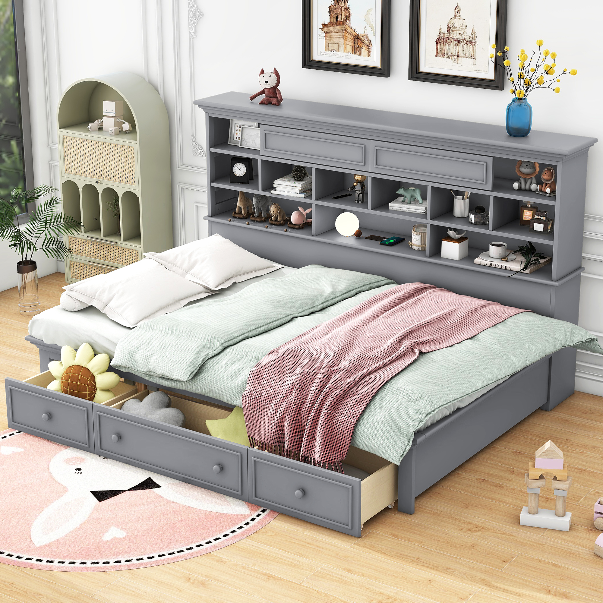 Twin Size Wood Daybed with Multi-Storage Shelves, Charging Station and 3 Drawers