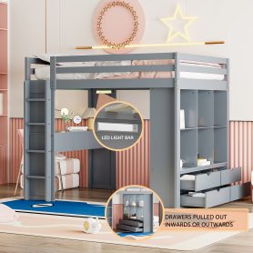 Full Size Loft Bed With Large Shelves, Writing Desk And LED Light