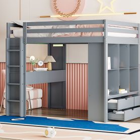 Full Size Loft Bed With Large Shelves, Writing Desk And LED Light