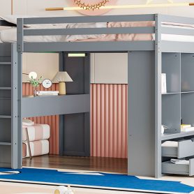 Full Size Loft Bed With Large Shelves, Writing Desk And LED Light