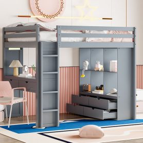 Full Size Loft Bed With Large Shelves, Writing Desk And LED Light
