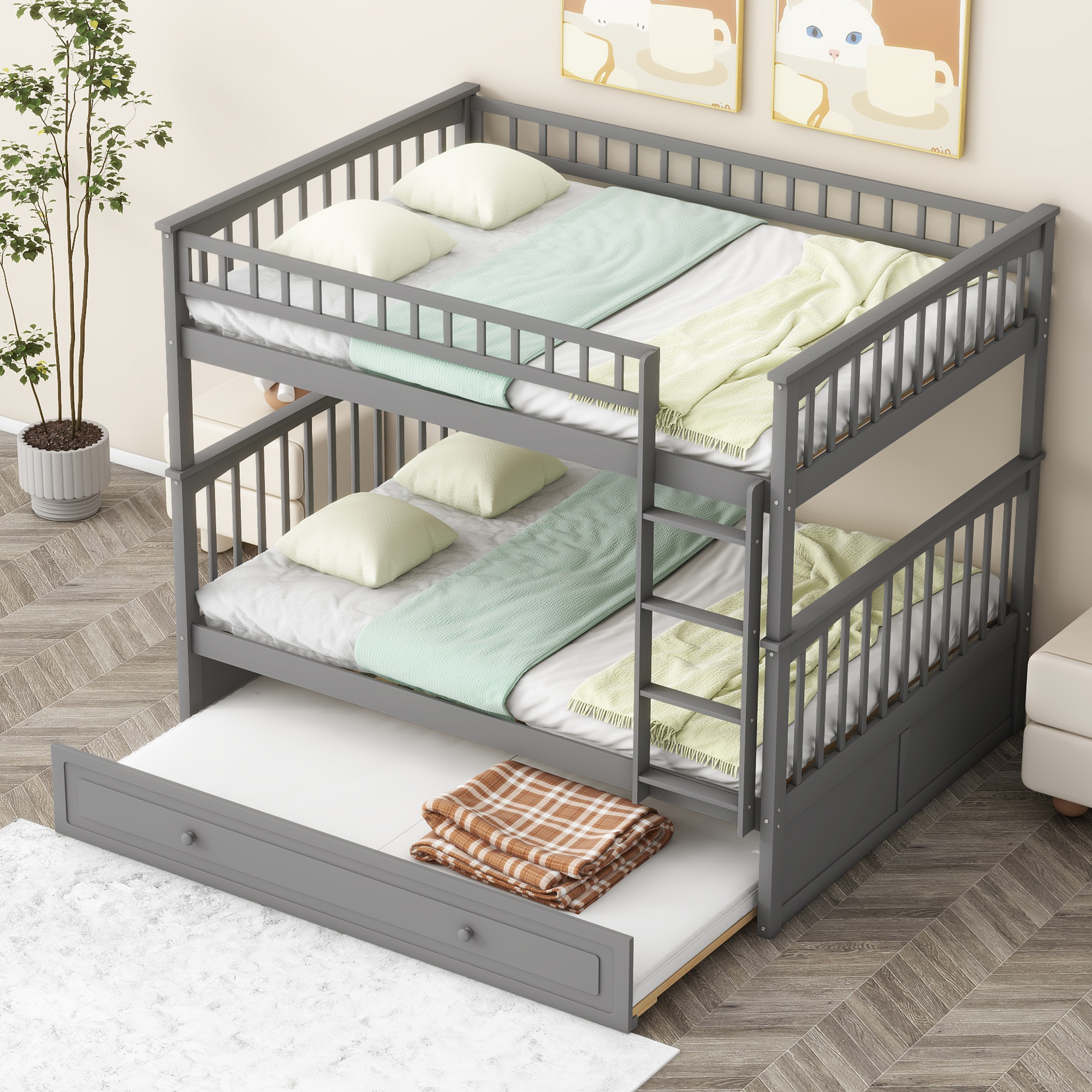 Full Over Full Bunk Bed With Twin Size Trundle, Convertible Beds