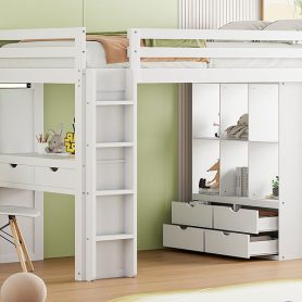 Twin Size Loft Bed With Large Shelves, Writing Desk And LED Light 41 Twin Size Loft Bed With Large Shelves, Writing Desk And LED Light