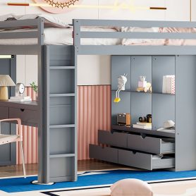 Full Size Loft Bed With Large Shelves, Writing Desk And LED Light