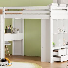 Twin Size Loft Bed With Large Shelves, Writing Desk And LED Light 40 Twin Size Loft Bed With Large Shelves, Writing Desk And LED Light