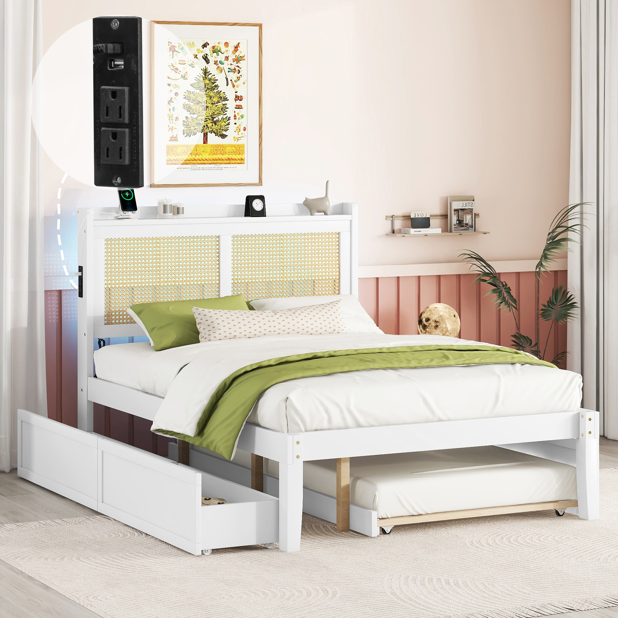 Full Size Elegant Bed Frame with Rattan Headboard and Sockets