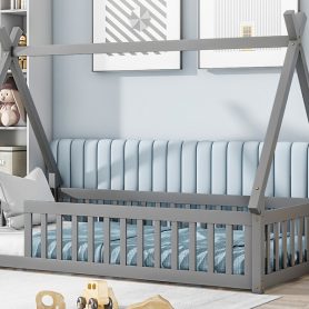 Twin Tent-Shaped Floor Bed, Teepee Bed With Guardrails, Slats