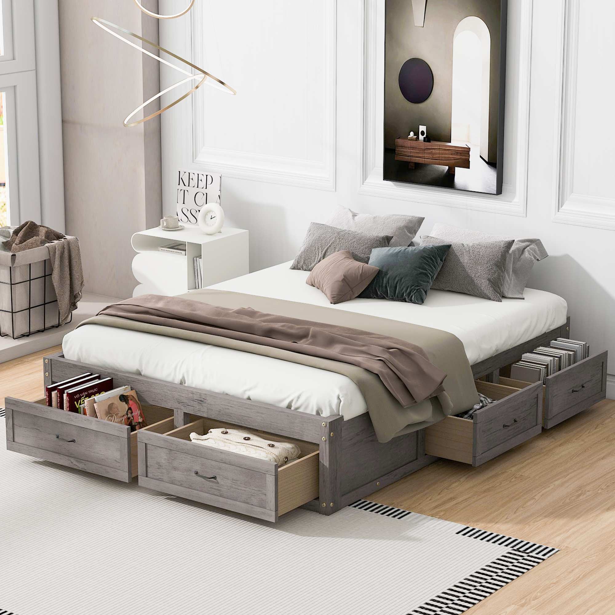 Queen Size Platform Bed With 6 Storage Drawers