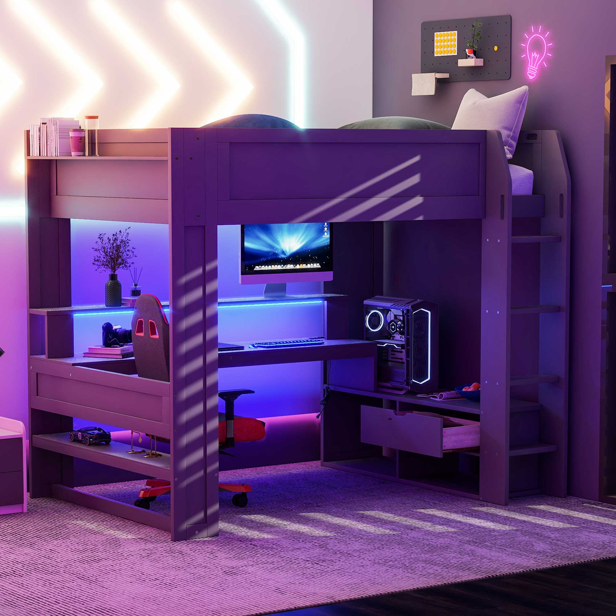 Wood Full Size Gaming Loft Bed with Desk, Multi-storage Shelves, LED and Charging Station