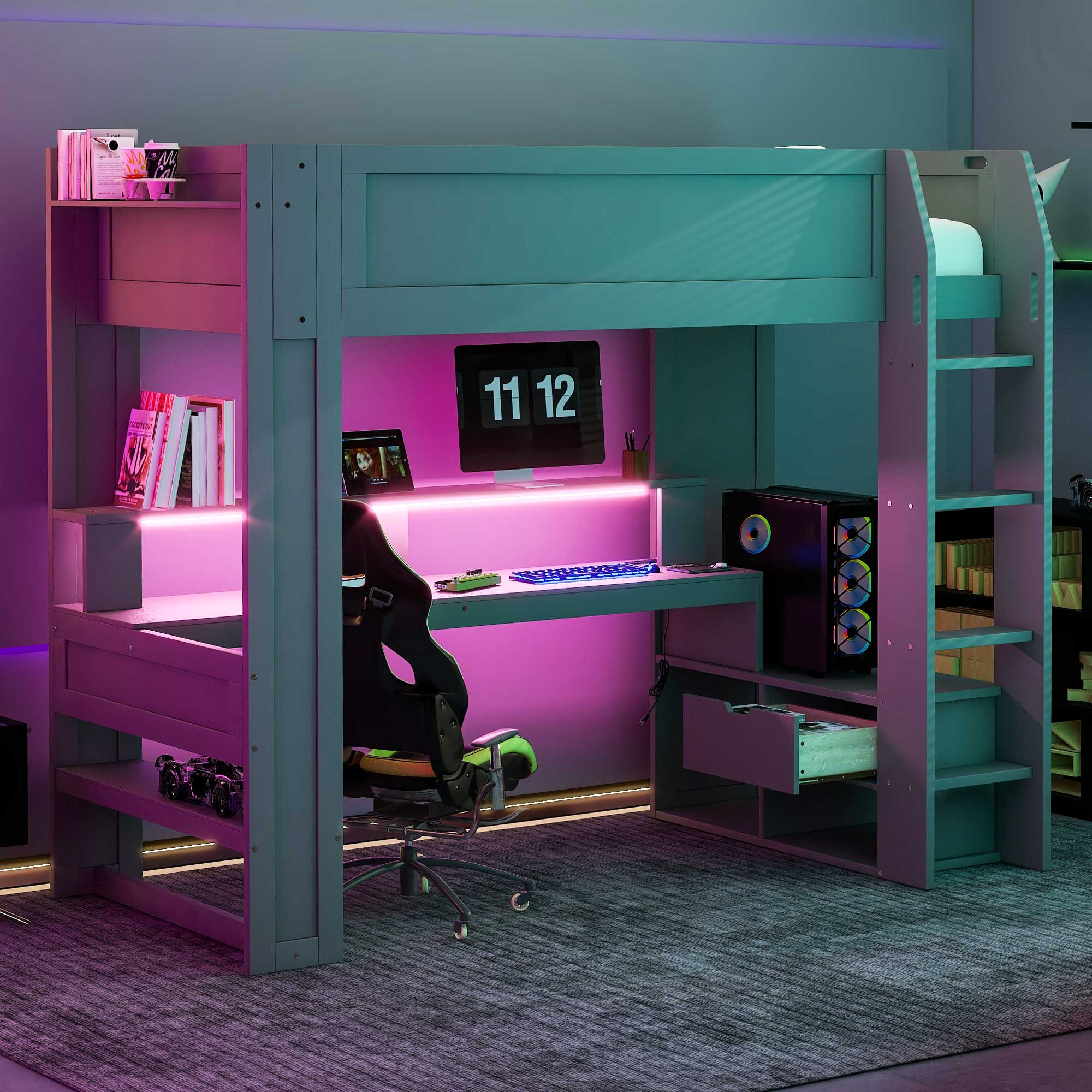 Wood Twin Size Gaming Loft Bed with Desk, Multi-storage Shelves, LED and Charging Station