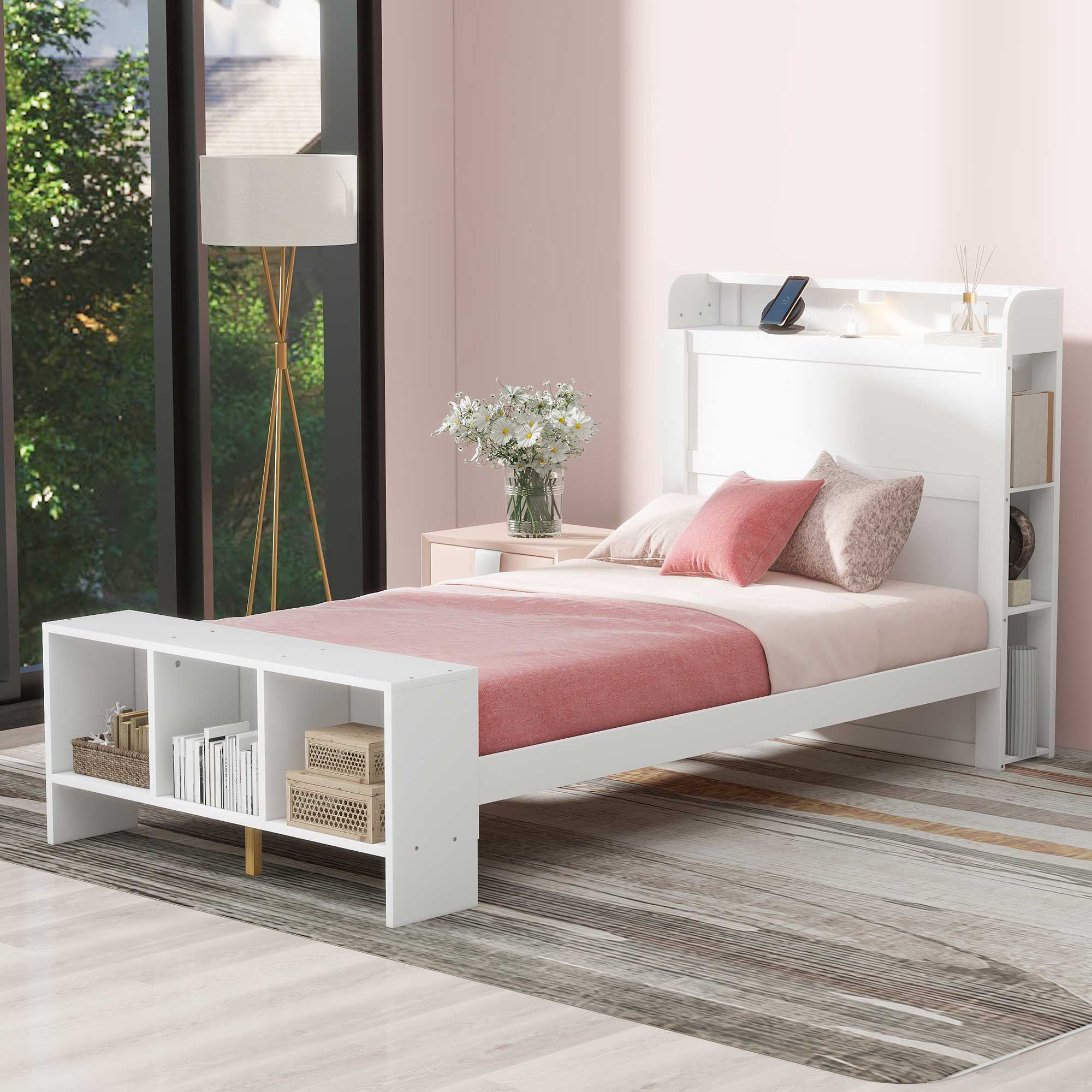Twin Size Platform Bed with built-in shelves, LED Light and USB ports