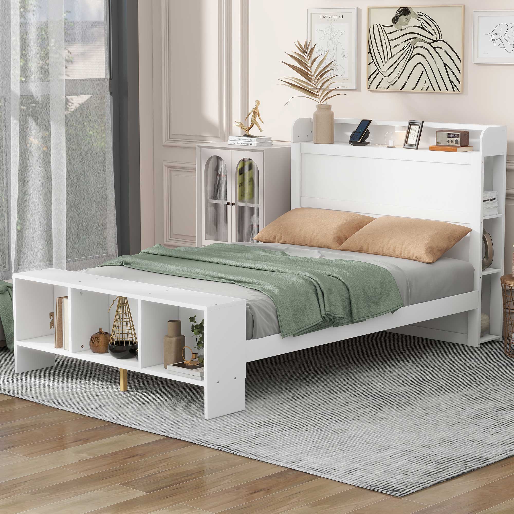 Full Size Platform Bed with Built-in shelves, LED Light and USB ports