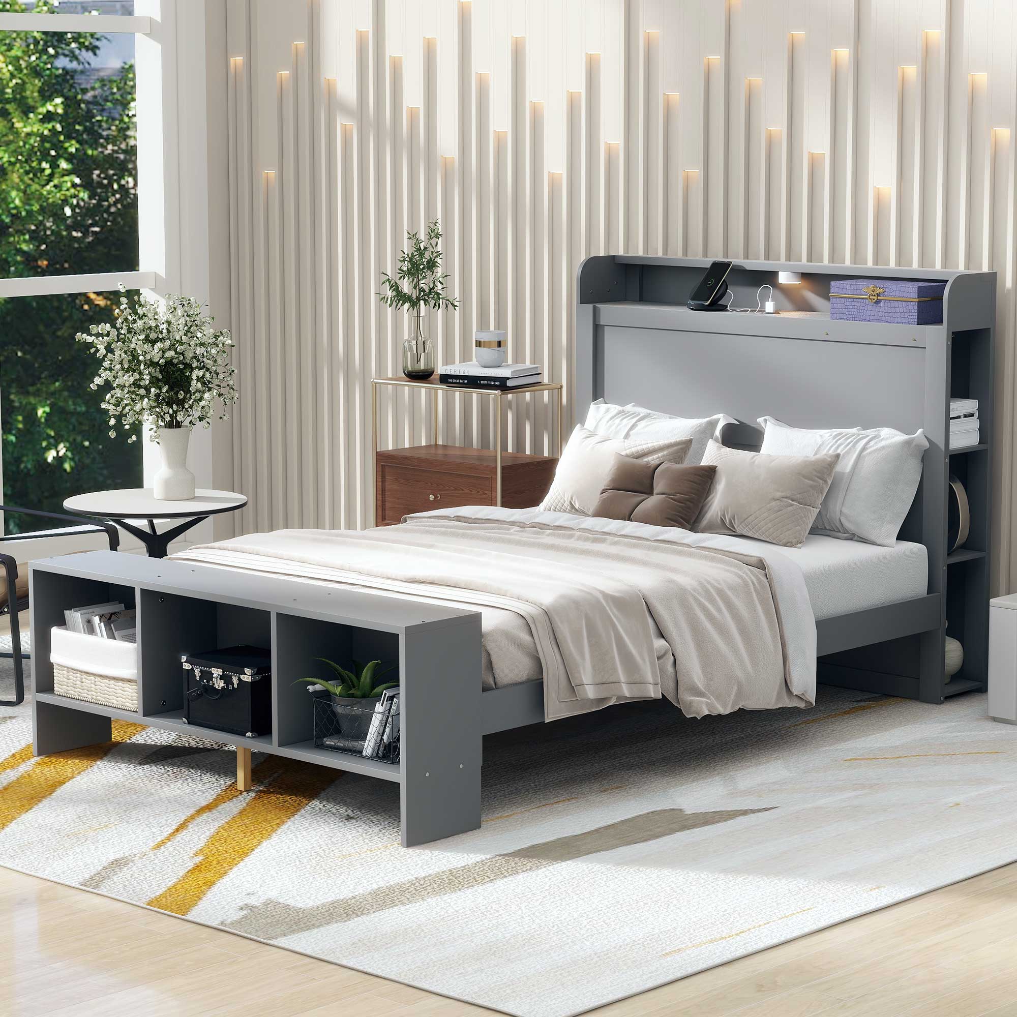 Full Size Platform Bed with Built-in shelves, LED Light and USB ports