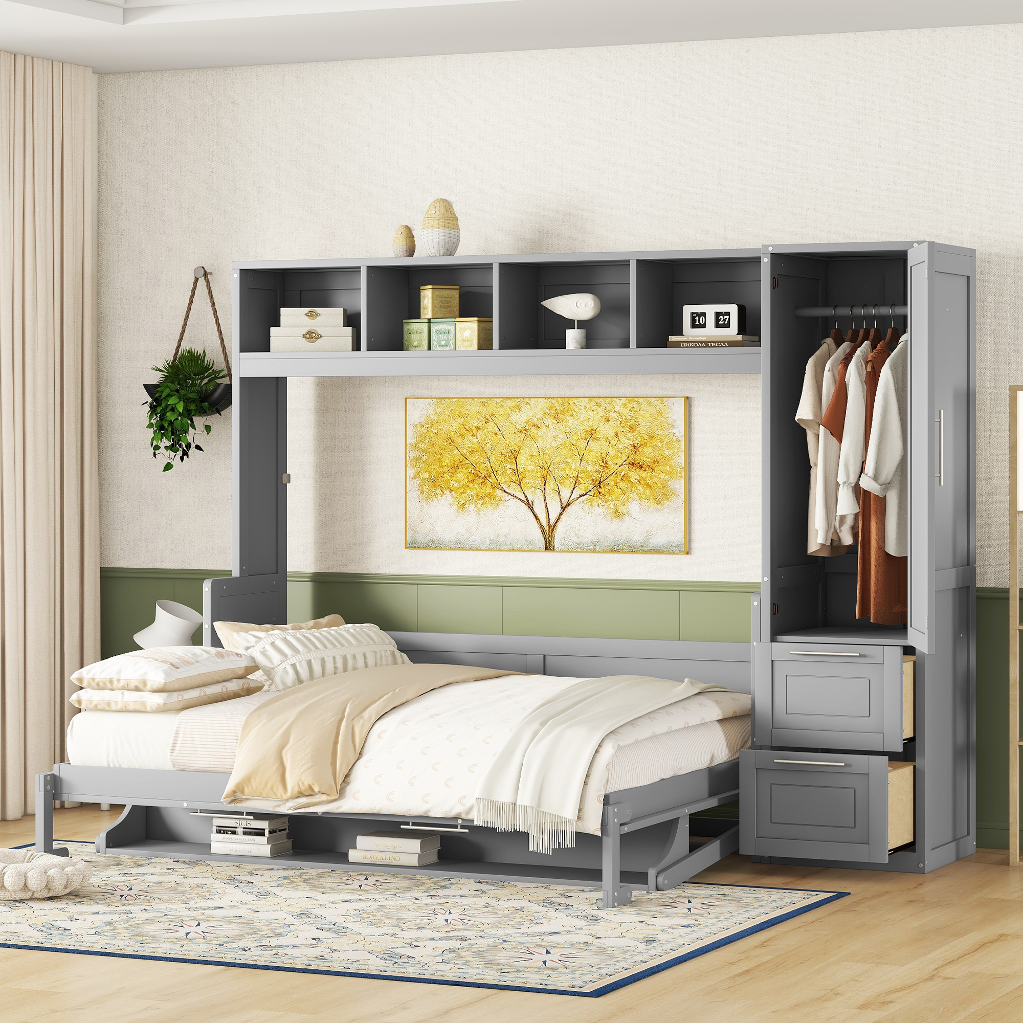 Queen Size Murphy Bed Wall Bed with Closet and Drawers