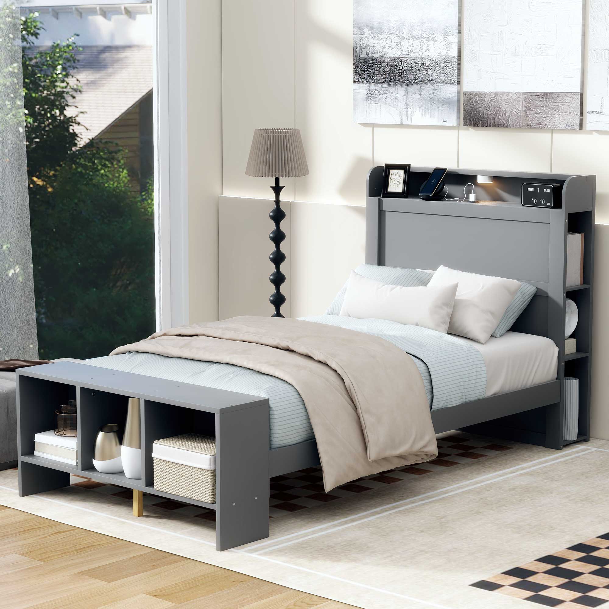 Twin Size Platform Bed with built-in shelves, LED Light and USB ports