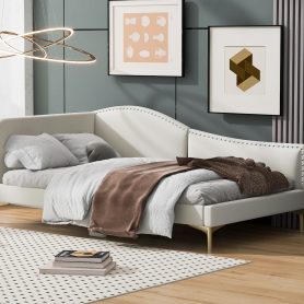 Twin Size Upholstered Daybed With Headboard And Armrest, Support Legs