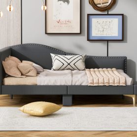 Full Size Upholstered Daybed With Headboard And Armrest, Support Legs