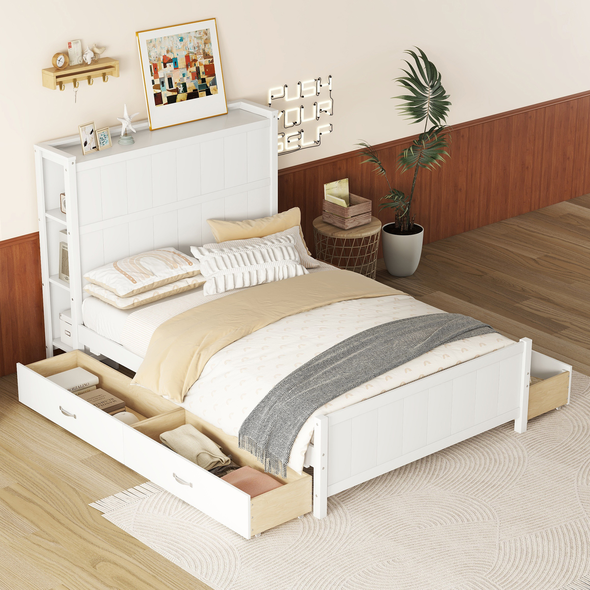 Full Size Platform Bed with Drawers and Storage Shelves