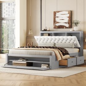 Wood Queen Size Platform Bed With Storage Headboard, Shoe Rack And 4 Drawers