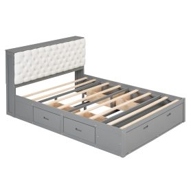 Wood Queen Size Platform Bed With Storage Headboard, Shoe Rack And 4 Drawers