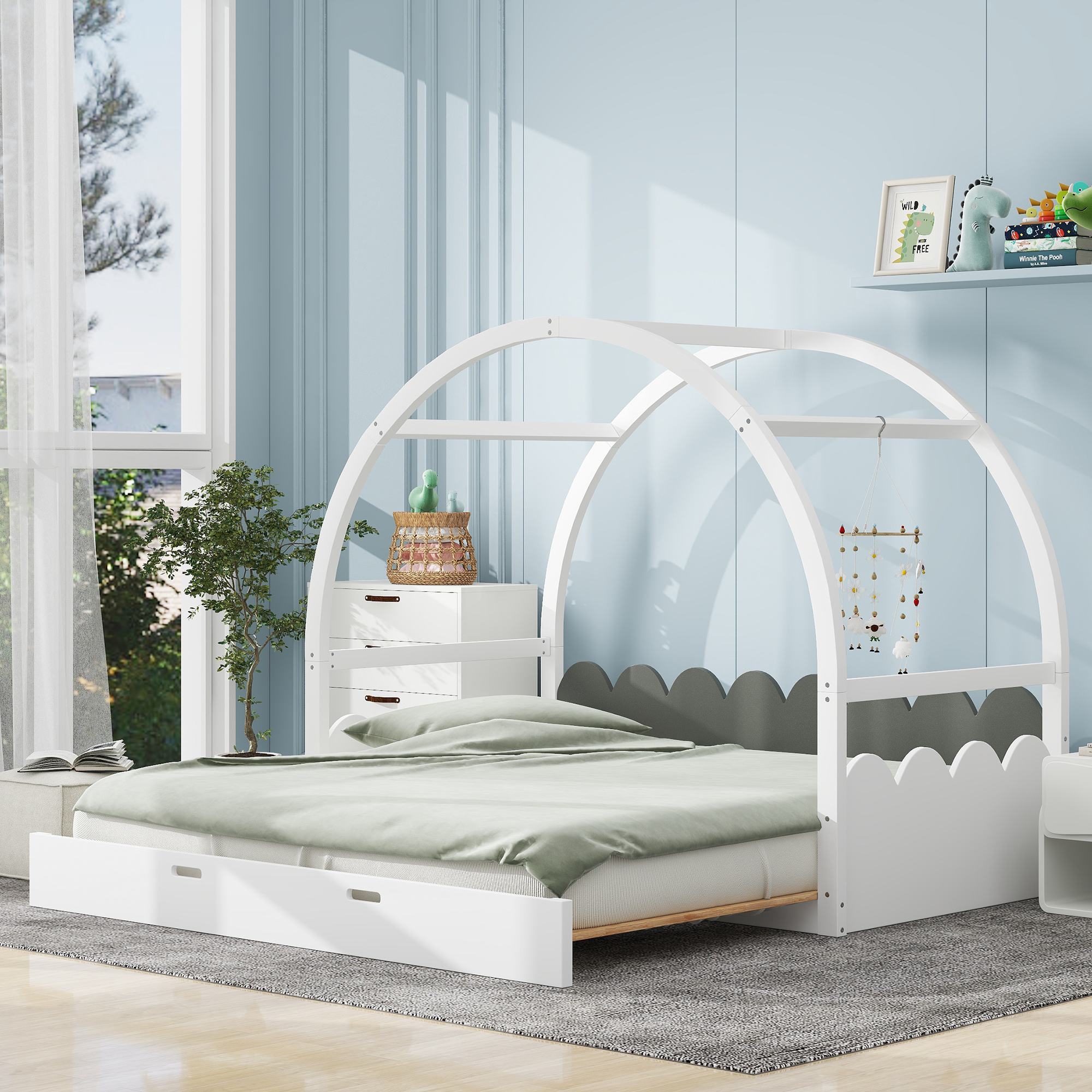 Twin Size Stretchable Vaulted Roof Bed, Children's Bed Pine Wood Frame