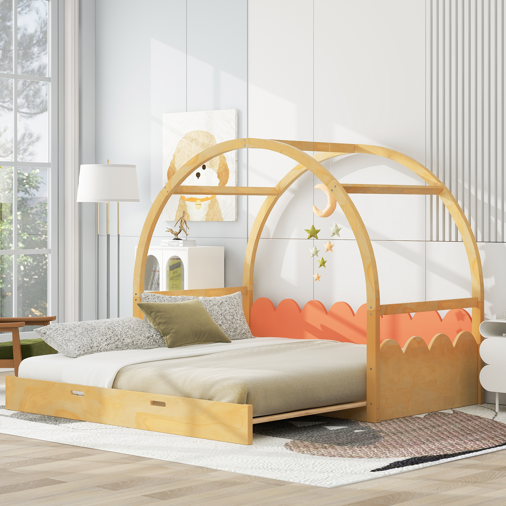 Twin Size Stretchable Vaulted Roof Bed, Children's Bed Pine Wood Frame
