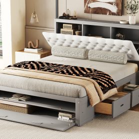 Wood Queen Size Platform Bed With Storage Headboard, Shoe Rack And 4 Drawers