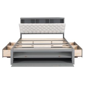 Wood Queen Size Platform Bed With Storage Headboard, Shoe Rack And 4 Drawers