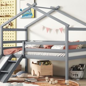 Twin Low Loft House Bed with Slide, Ladder, Safety Guardrails