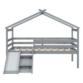 Twin Low Loft House Bed with Slide, Ladder, Safety Guardrails