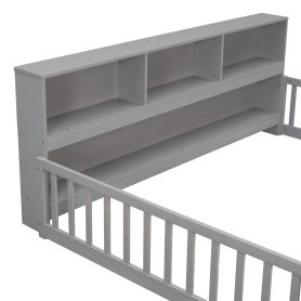 Full Size Floor Bed With Bedside Bookcase, Shelves and Guardrails