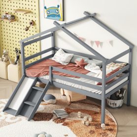 Twin Low Loft House Bed with Slide, Ladder, Safety Guardrails