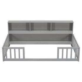 Twin Size Floor Bed With  Bedside Bookcase, Shelves and Guardrails