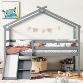 Twin Low Loft House Bed with Slide, Ladder, Safety Guardrails