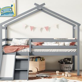 Twin Low Loft House Bed with Slide, Ladder, Safety Guardrails