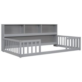 Twin Size Floor Bed With  Bedside Bookcase, Shelves and Guardrails