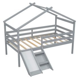 Twin Low Loft House Bed with Slide, Ladder, Safety Guardrails