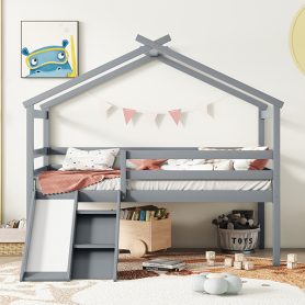 Twin Low Loft House Bed with Slide, Ladder, Safety Guardrails