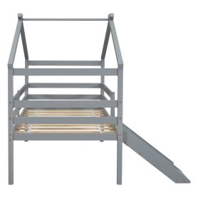 Twin Low Loft House Bed with Slide, Ladder, Safety Guardrails