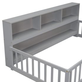 Twin Size Floor Bed With  Bedside Bookcase, Shelves and Guardrails