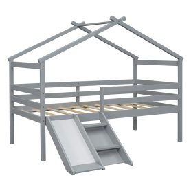 Twin Low Loft House Bed with Slide, Ladder, Safety Guardrails